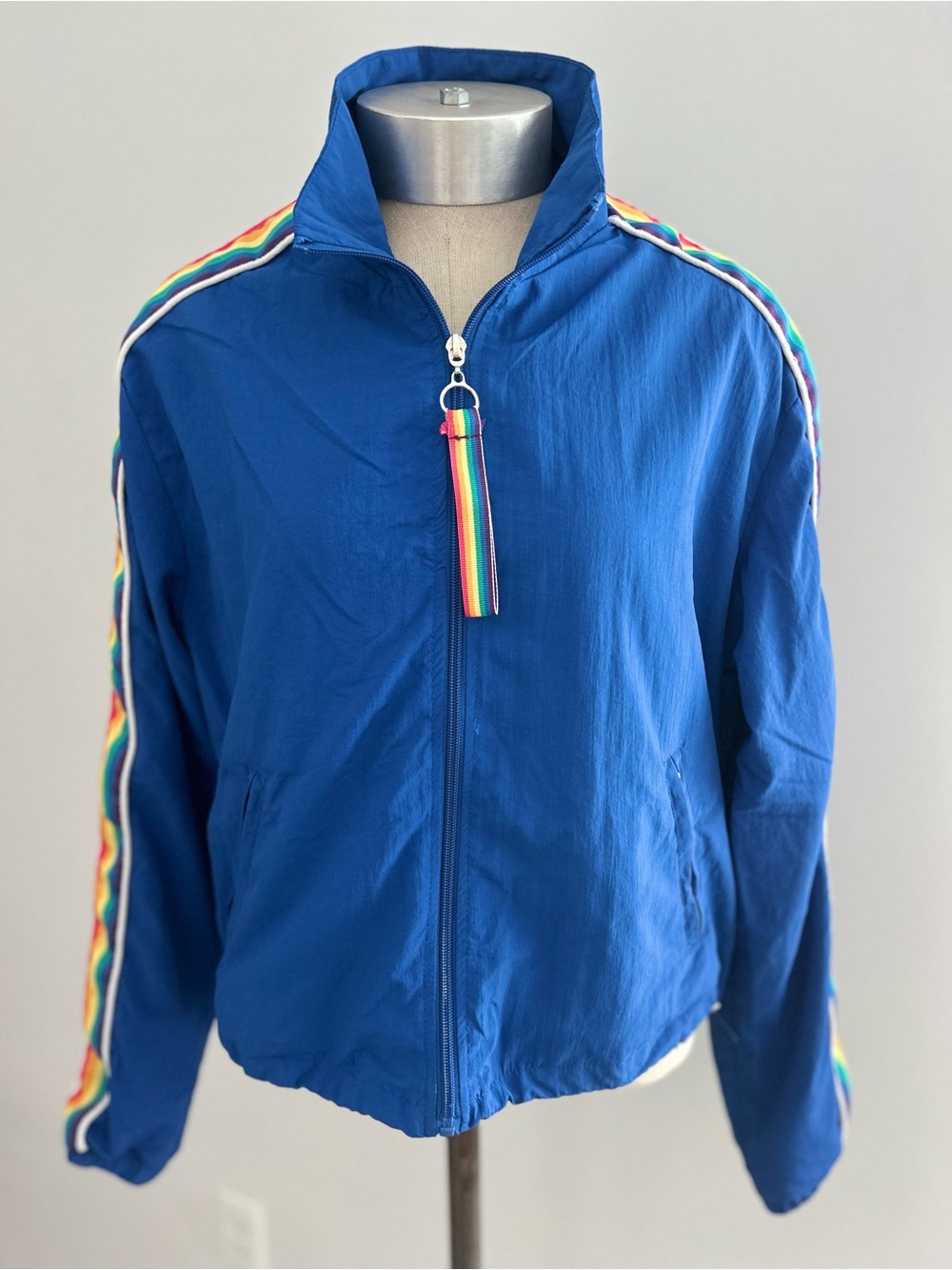 Y2K Blue Rainbow Stripe Track Jacket Zip Up Festival Indie Grunge M - Picture 3 of 13